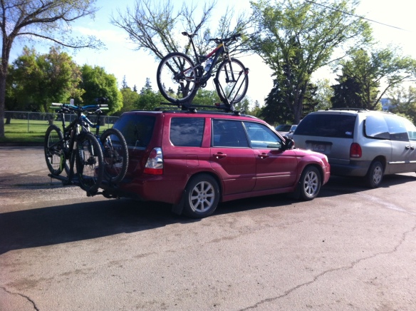 Ready to hit the road. There's even a fourth bike crammed inside.